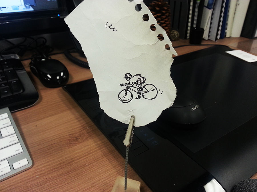 Art by Mike Son — design studio desk with hand sketch
